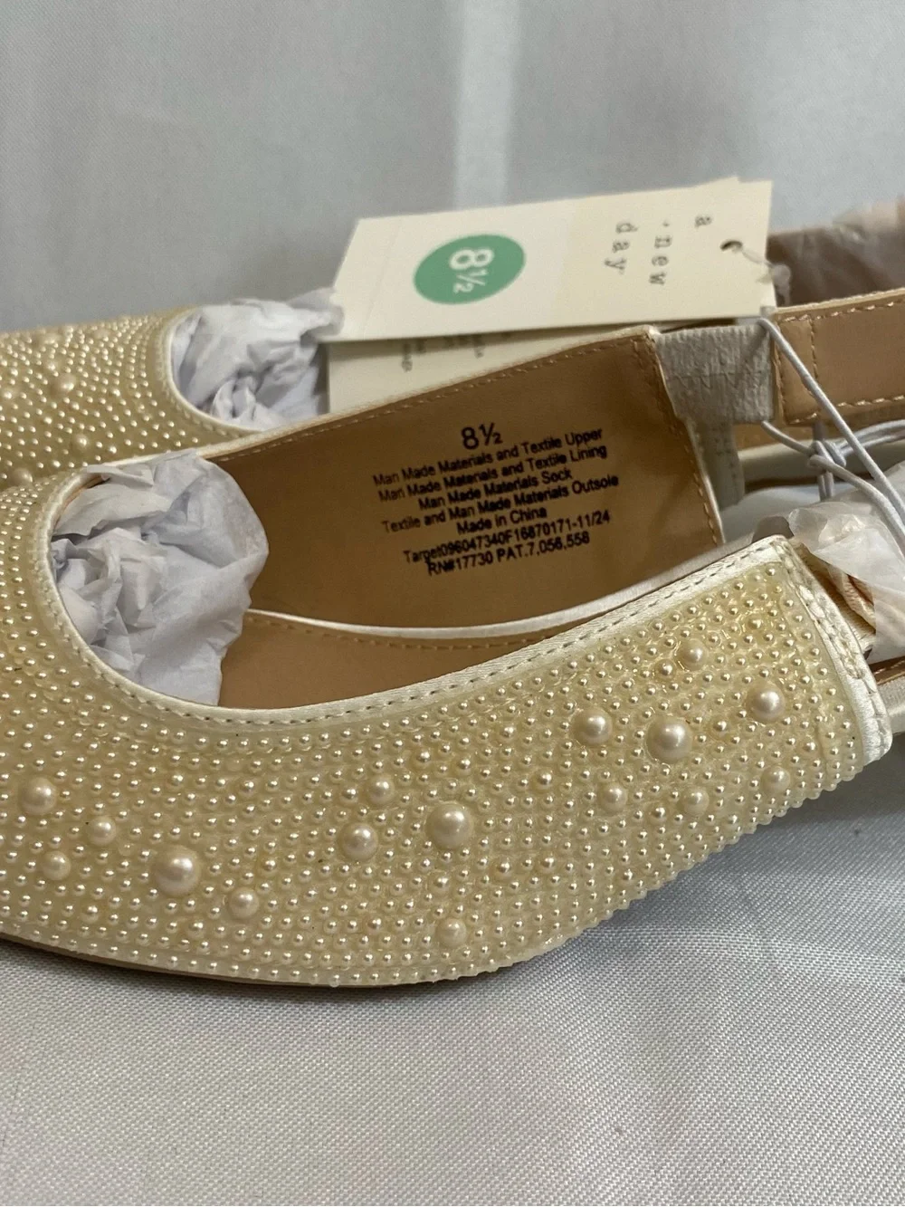 a new day Pearl-Studded Pointed Toe Slingback Flats in Beige